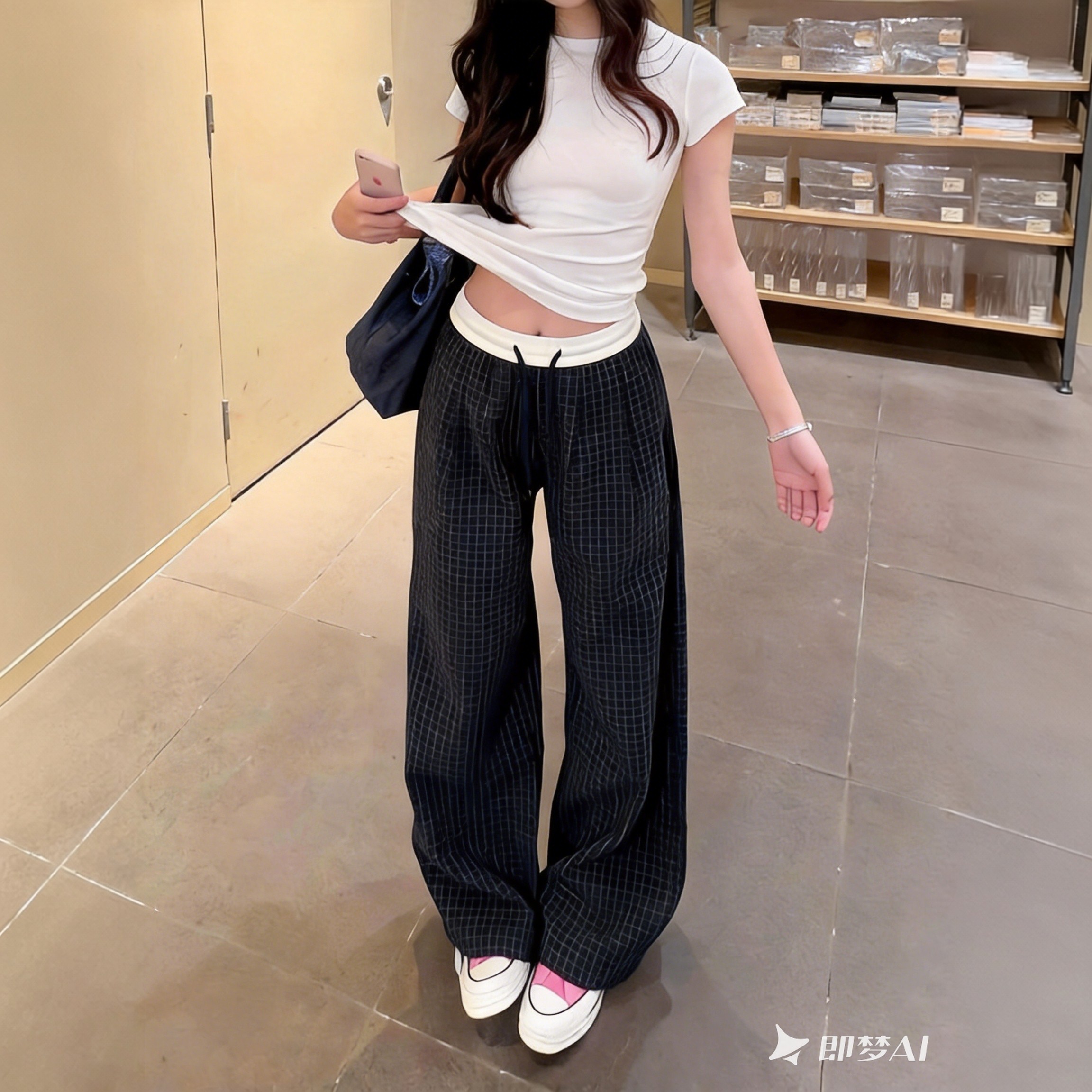 多巴胺夏季辣妹短袖蓝格裤套装