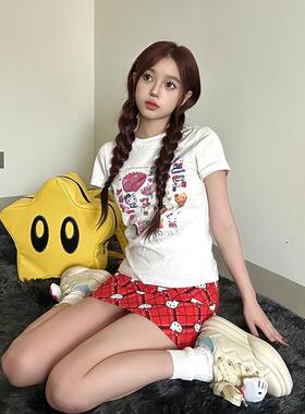 HelloKitty卡通白色正肩短袖t恤女夏季修身显瘦美式辣妹短款上衣