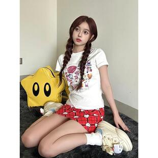 HelloKitty卡通白色正肩短袖t恤女夏季修身显瘦美式辣妹短款上衣