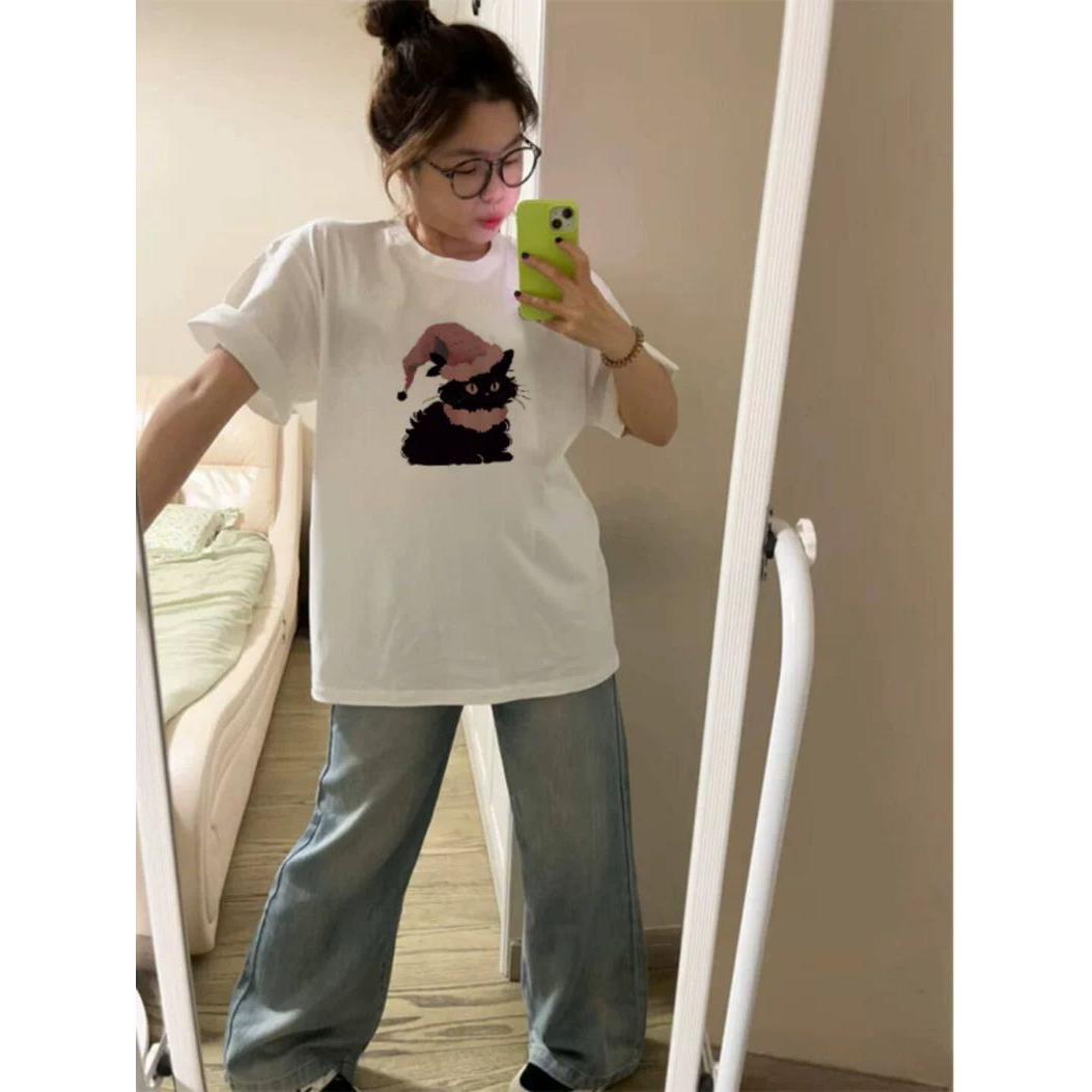 白色纯棉短袖t恤女装2025年新款春夏季卡通印花chic韩系宽松上衣