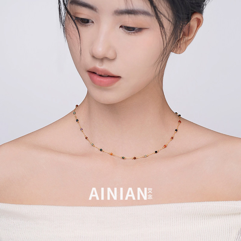 天然彩虹石手工串珠多巴胺项链2025新款轻奢小众配饰女锁骨颈链