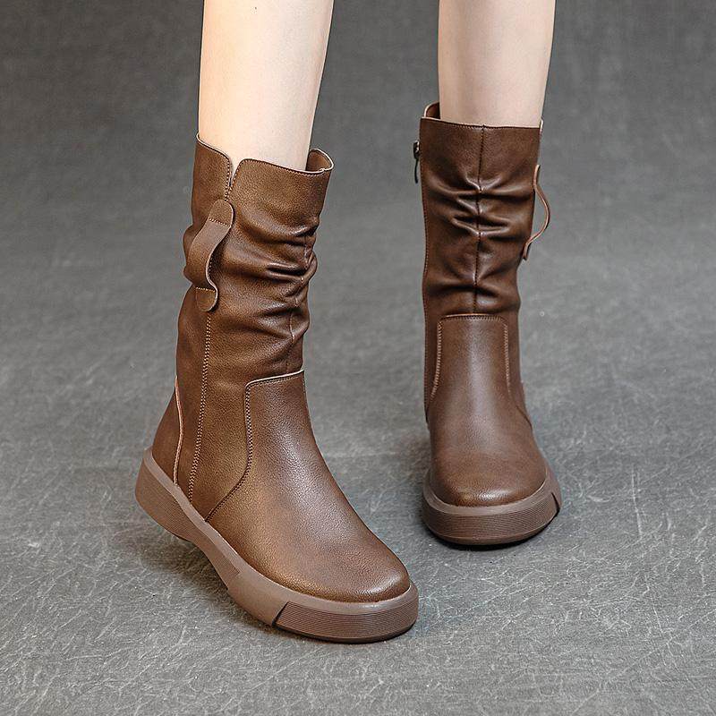显脚瘦时装靴中筒休闲百搭圆头中跟平底牛皮靴大码软底舒适女靴冬,女鞋,时装靴,淘宝优惠券,粉丝福利购,淘宝优惠卷