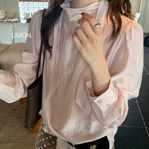 柠檬绿茶-秋上新主推款温柔气质立领绑带设计感通勤衬衣小衫11062