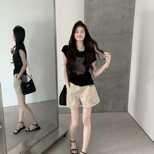 韩系波浪领木耳卷边小猫图案透气夏背心收腰短款T恤上衣显瘦小衫