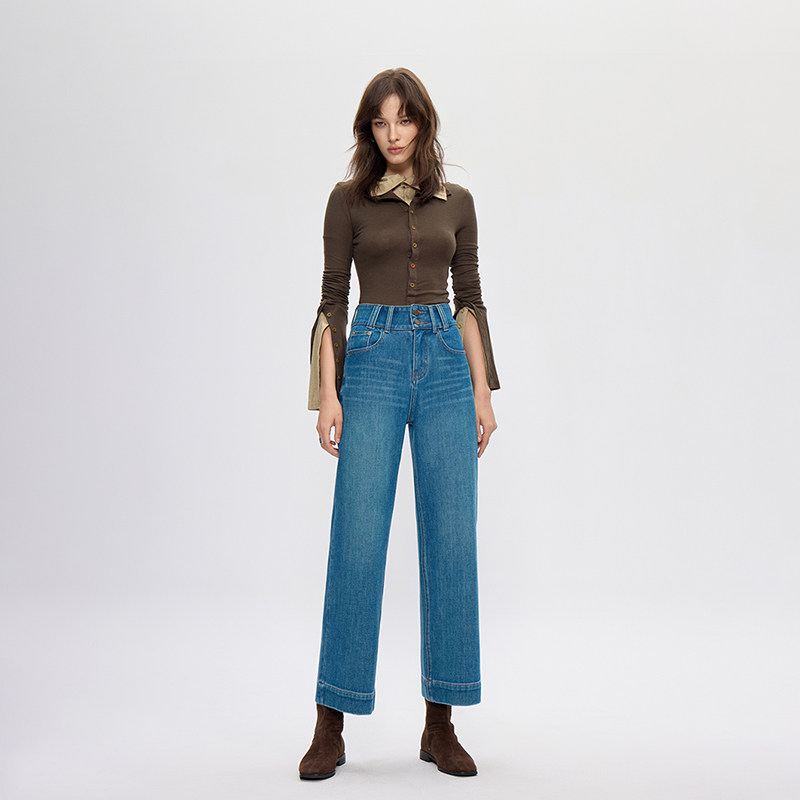 集也四面弹绿光双扣九分牛仔裤女2026春季新款高腰宽松阔腿奶奶裤,女装/女士精品,牛仔裤,淘宝优惠券,粉丝福利购,淘宝优惠卷