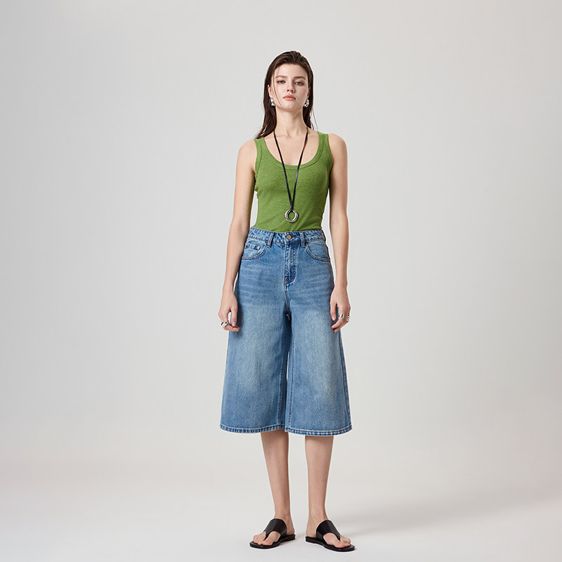 时尚复古高腰牛仔七分阔腿裤女2026春夏新款宽松显瘦休闲百搭中裤