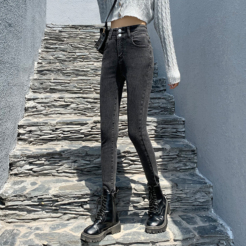 灰色高腰小脚裤女秋季新款百搭双排竖扣紧身显瘦九分牛仔铅笔裤