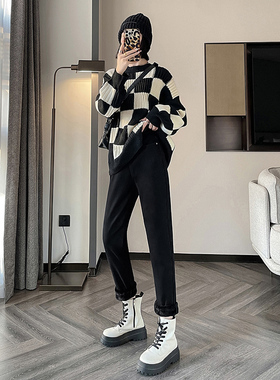 黑色高腰P牌弹力牛仔裤女2025冬季新款【加绒】宽松百搭哈伦长裤