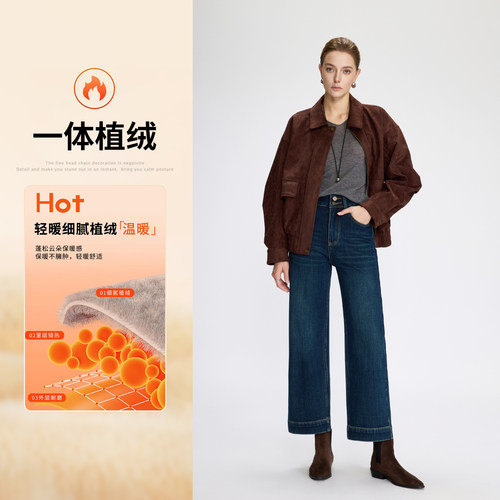 集也加绒加厚复古双扣九分奶奶裤女25秋冬一体植绒保暖牛仔裤