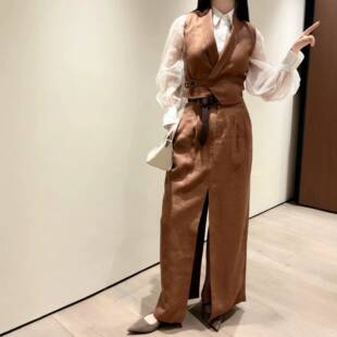 深圳南油老钱风亚麻高开叉半裙BC新款亚麻高开叉半裙BC配套半长裙