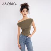纯色设计感上衣598 斜领T恤女法式 安东同款 Asobio一字肩短袖