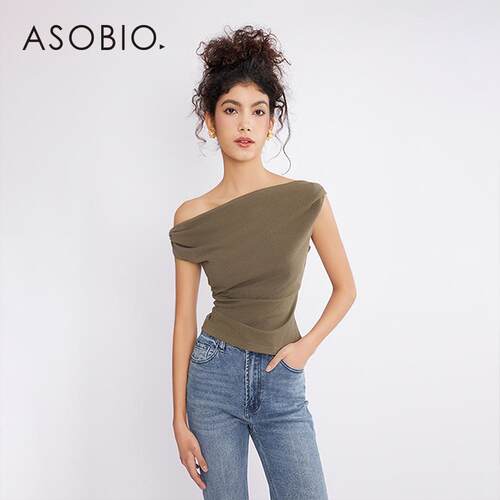 【安东同款】Asobio一字肩短袖斜领T恤女法式纯色设计感上衣598