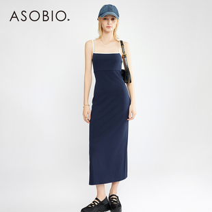 Asobio运动风撞色吊带连衣裙女2025新款夏季收腰无袖蓝色长裙124