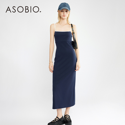 Asobio运动风撞色吊带连衣裙女2025新款夏季收腰无袖蓝色长裙124
