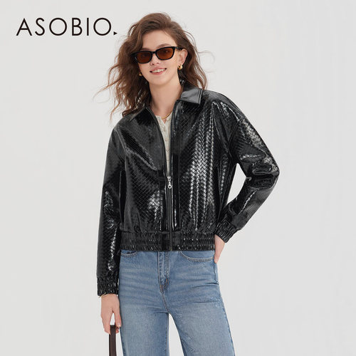 Asobio2026春新品机车风黑色皮衣翻领拉链夹克编织纹理酷外套457