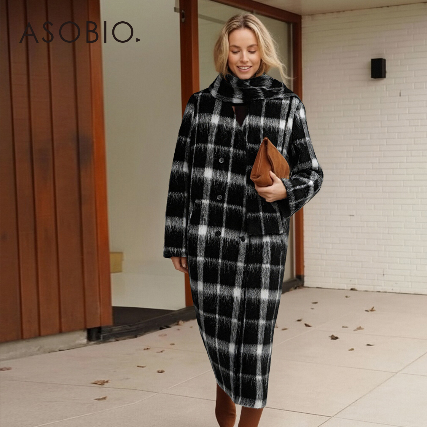 Asobio复古黑白格纹羊毛大衣女2025冬季新品中长款围巾领外套394