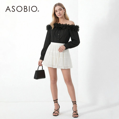 Asobio法式少女拼接荷叶边裙舒适松紧腰半身裙女2026春季新品050