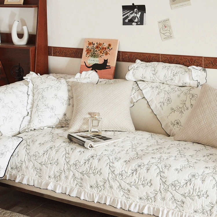 小清新水洗棉全棉防滑四季通用沙发垫子花边皮沙发垫坐垫盖布裙边