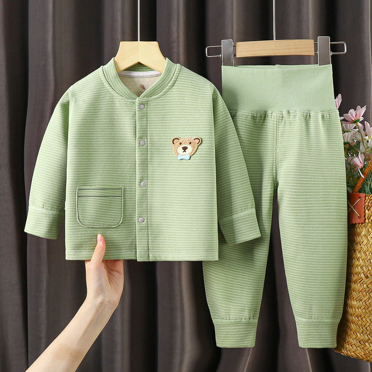 열 속옷 뼈없는 벨벳 소년 소녀 가디건 어린이 하이 웨이스트 배꼽 보호 가을 옷 및 가을 바지 세트