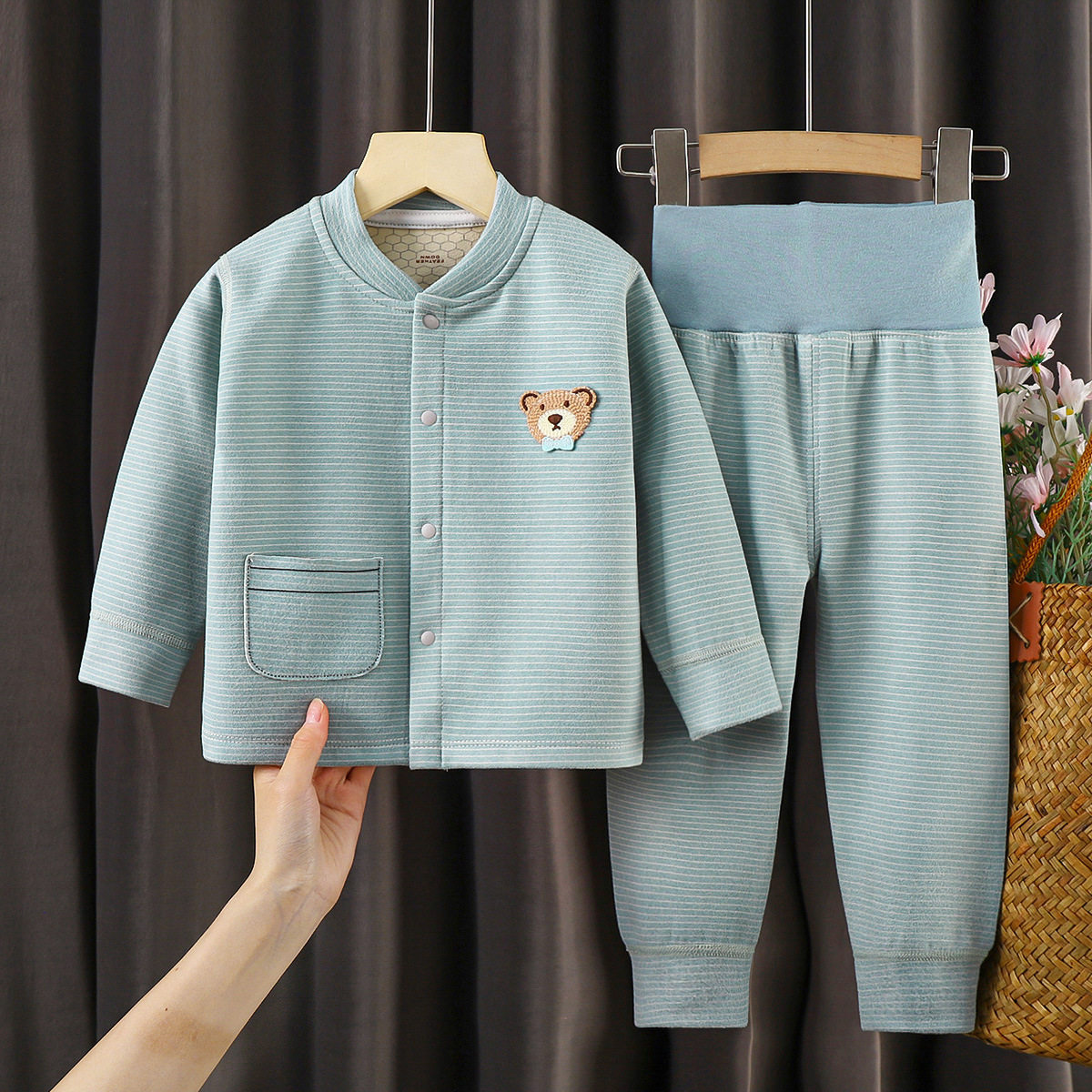 열 속옷 뼈없는 벨벳 소년 소녀 가디건 어린이 하이 웨이스트 배꼽 보호 가을 옷 및 가을 바지 세트