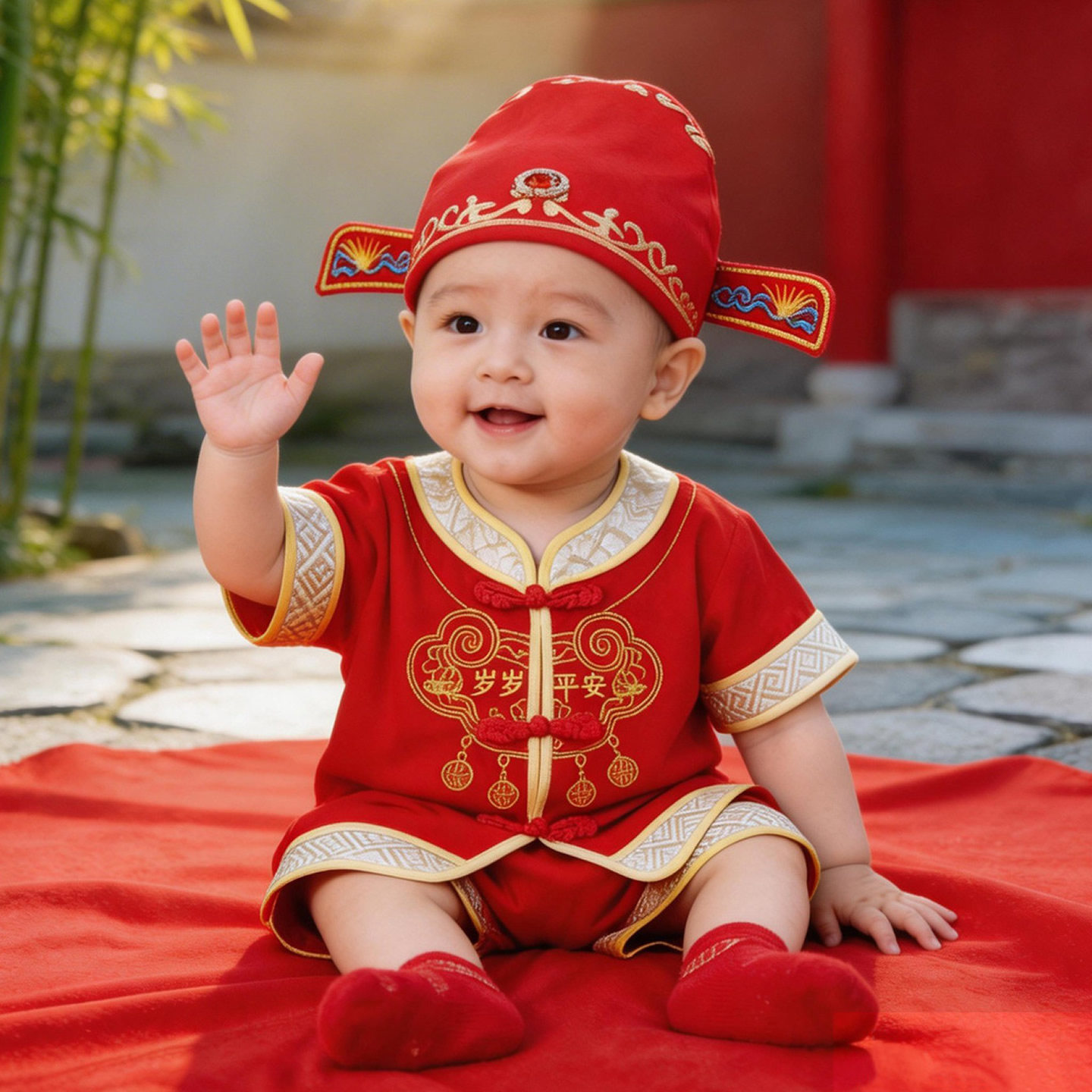 男宝宝一周岁生日宴唐装儿童抓周礼服红色中国风短袖套装中式衣服