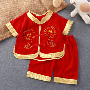 宝宝开衫短袖中国风男女童棉绸套装a类周岁服复古民族风中式唐装