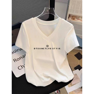 宽松大码 纯棉v领短袖 简约字母印花白色体恤衫 夏季 显瘦上衣 t恤女装