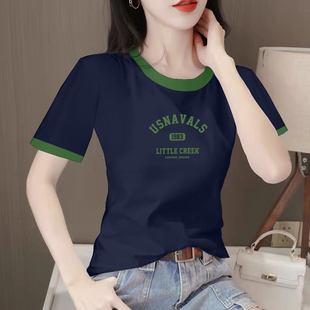 显瘦半袖 正肩短袖 洋气字母印花体恤修身 t恤女装 拼色圆领上衣 夏季
