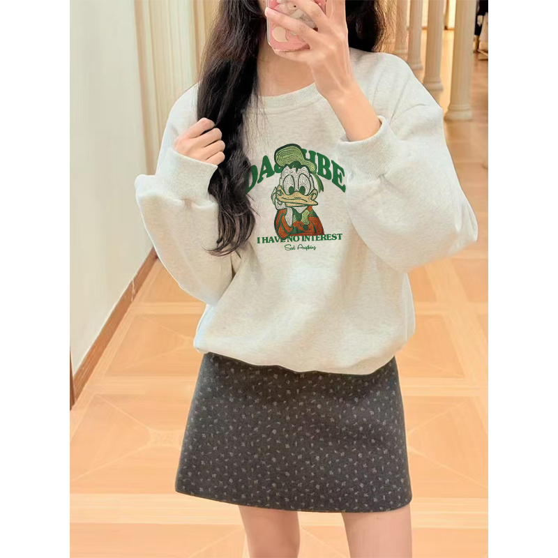 白灰色长袖卫衣女秋冬季加绒加厚洋气减龄韩版宽松大码套头衫上衣