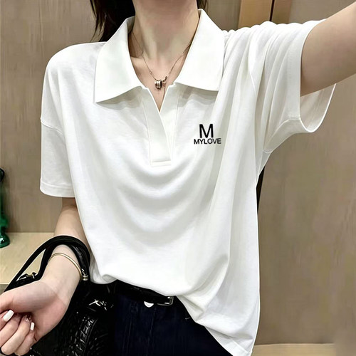 polo领短袖t恤女士2026夏季小众设计感印花纯棉宽松大码体恤上衣