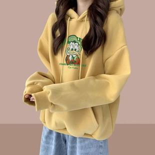 奶黄色连帽衫卫衣女秋冬韩版宽松中长款套头外套加绒加厚上衣ins