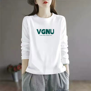 内搭宽松打底衫 小众字母印花纯棉上衣 t恤女春秋新款 白色正肩长袖