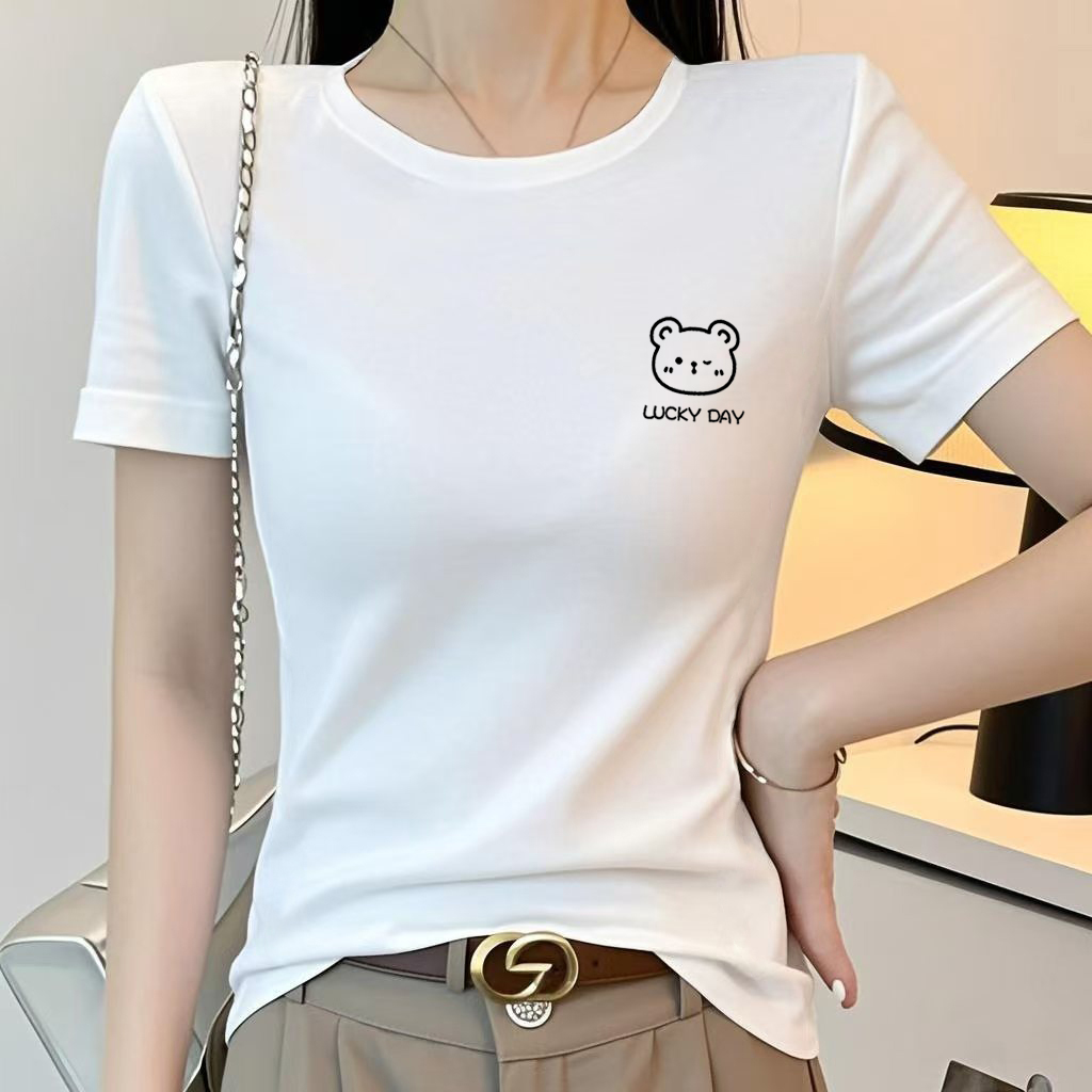 正肩圆领短袖t恤女装2025夏季韩版修身显瘦修身半袖小熊印花上衣