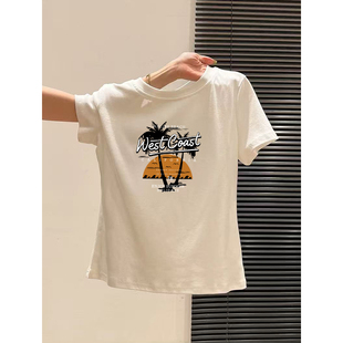 显瘦体恤衫 白色正肩短袖 修身 韩版 设计感印花休闲上衣ins t恤女夏季