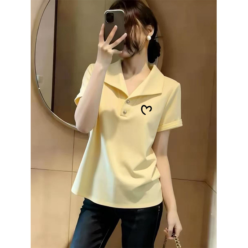 Polo领短袖t恤女装2026夏季韩版打底衫显瘦宽松大码爱心印花上衣