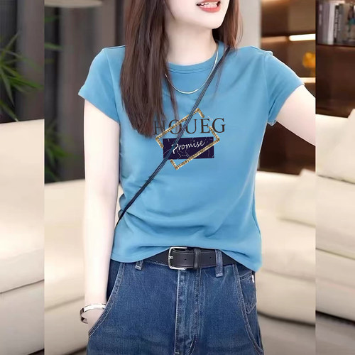 海蓝色正肩短袖t恤女士夏季圆领体恤修身显瘦百搭时尚印花上衣ins