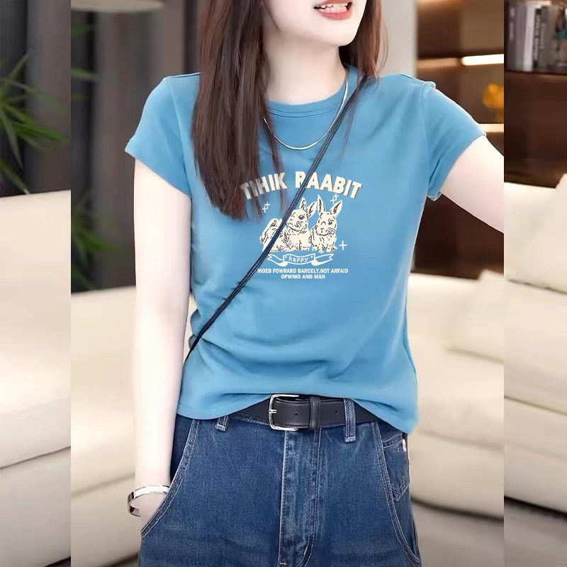 海蓝色正肩短袖t恤女士夏季修身显瘦圆领体恤减龄小兔子印花上衣