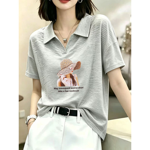 竹节棉短袖t恤女装Polo领小众打底衫宽松大码纯棉设计感印花上衣