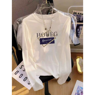 印花纯棉打底衫 白色正肩长袖 内搭时尚 宽松大码 上衣 t恤女春秋韩版