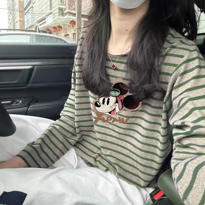 撞色条纹长袖t恤女秋冬韩版宽松内搭德绒保暖打底衫卡通印花上衣