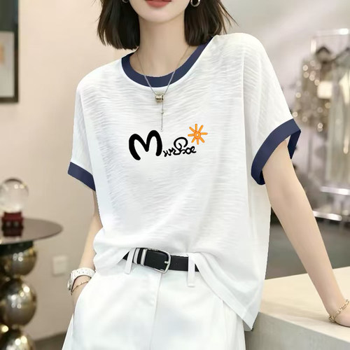 圆领竹节棉短袖t恤女2026夏季韩版字母印花撞色拼接纯棉上衣ins潮