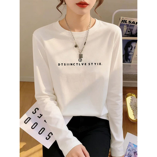 内搭纯棉打底衫 字母印花宽松大码 上衣 t恤女春秋时尚 白色正肩长袖