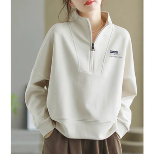 套头外套休闲上衣 宽松加绒厚款 半拉链立领卫衣女士2025秋冬季 新款