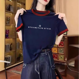 显瘦设计感小众字母印花百搭正肩上衣 修身 撞色圆领短袖 t恤女夏季