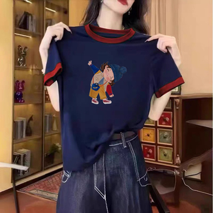 修身 撞色拼接圆领短袖 减龄印花体恤韩版 夏季 显瘦正肩上衣 t恤女装