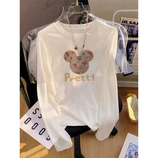 上衣 显瘦内搭洋气减龄印花打底衫 纯棉正肩长袖 t恤女春秋宽松大码