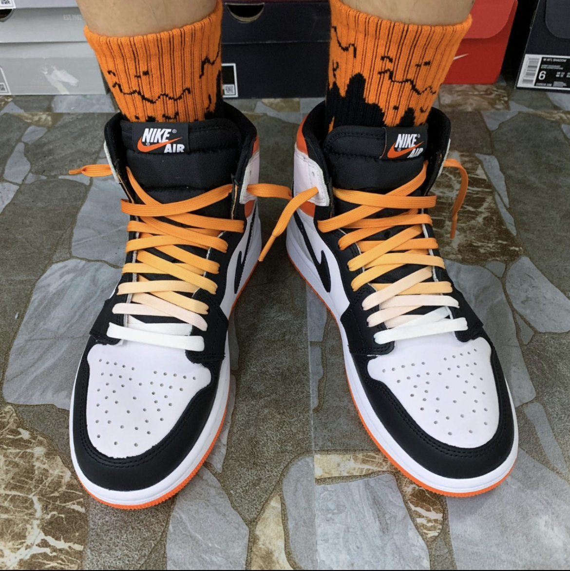 适配aj1 retro high og黑白橙黑脚趾扣碎4.0橙色渐变半圆扎染鞋带