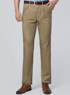 嘉意裤子男款夏弹力抗皱中高腰单褶直筒卡其色休闲裤男宽松E79012