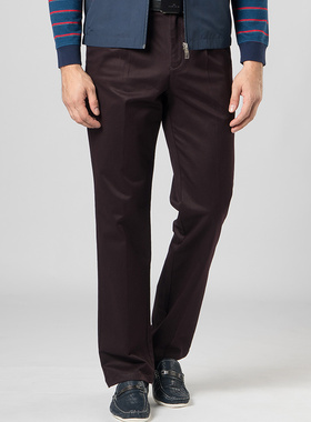 嘉意中老年男裤秋冬季酒红色裤子单褶直筒休闲裤男款宽松型E89032