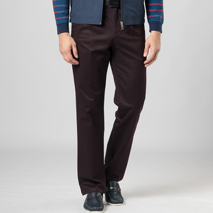 嘉意中老年男裤秋冬季酒红色裤子单褶直筒休闲裤男款宽松型E89032